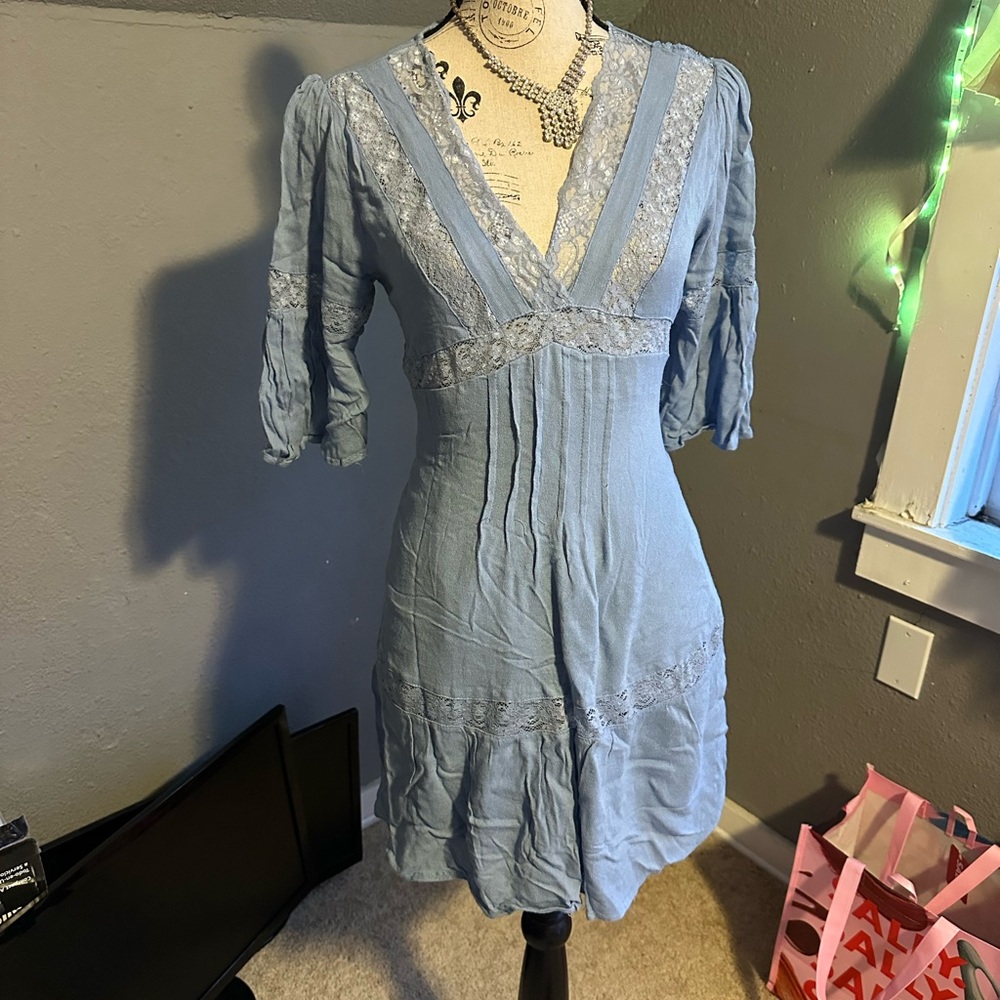 Elegant Blue Lace Trim Dress